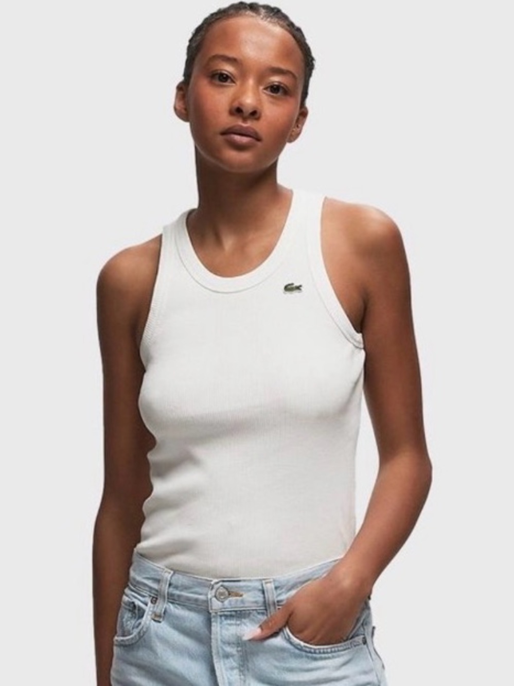 Lacoste Women’s Slim Fit Organic Cotton Ribbed Tank Top – White – Size 38 US M